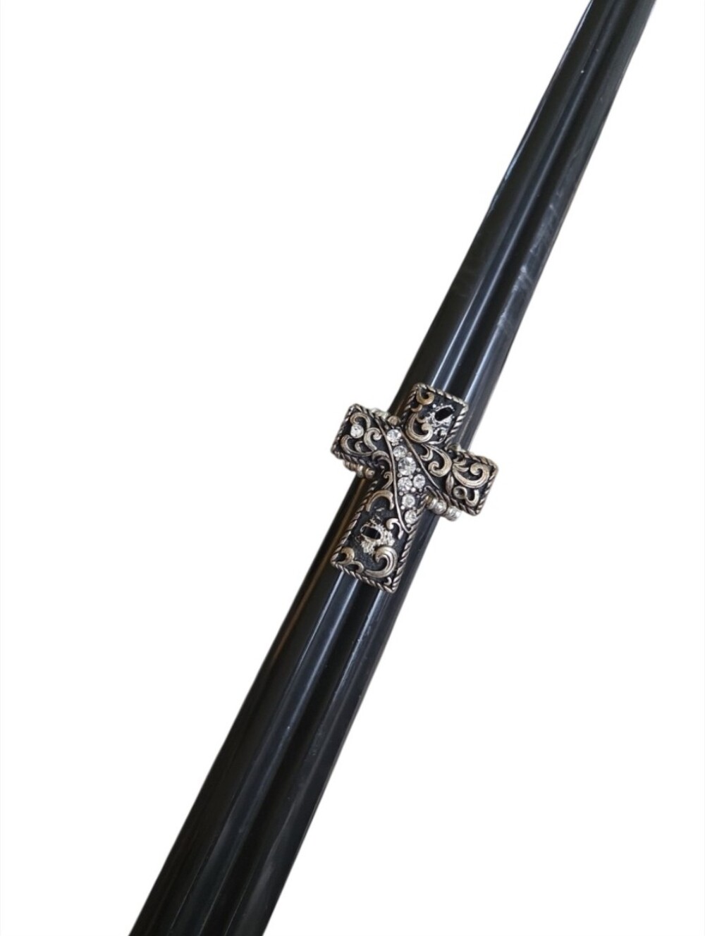 Size 8 Silver Toned Gold Black Ornate Crystal Embellished Cross Stretch Ring